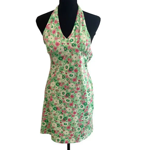 Womens Y2K Floral Fairy Halter Mini Babydoll Dress Green Coquette Preppy M - Picture 1 of 6